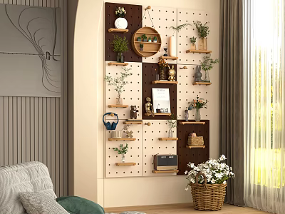Cozy Home Balcony Design Featuring Pegboard Shelves Potted Plants Decorations and Natural Light 3d model