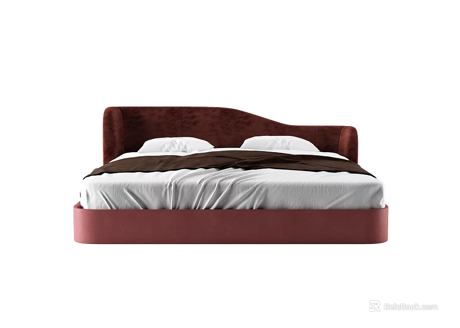 Elegant Double Bed with Maroon Upholstered Headboard and White Dark Bedding 3d model