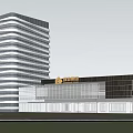 Modern Office Building with High Rise Glass Facade Low Rise Structure and Landscaped Entrance