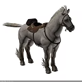 Detailed White Horse Side Profile With Brown Saddle And Leather Harness Standing