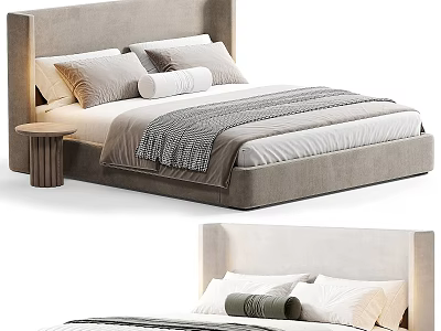 Modern Upholstered Double Bed With Gray Headboard Pillows And Bedside Table 3d model