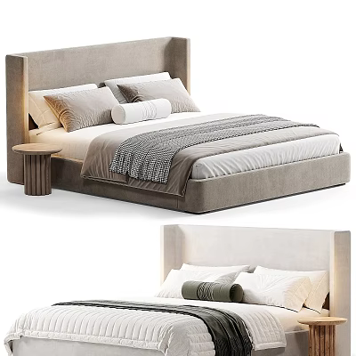 Modern Upholstered Double Bed With Gray Headboard Pillows And Bedside Table 3d model