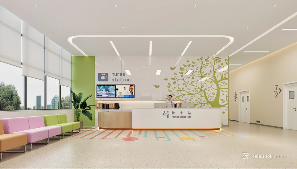 Nurse Station Interior With Life Care Sign Green Wall Tree Decoration And Colorful Floor 3d model 