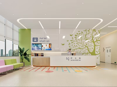 Nurse Station Interior With Life Care Sign Green Wall Tree Decoration And Colorful Floor 3d model