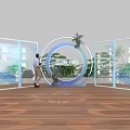 Floral Display With Circular Structure Glass Partitions Green Plants And Brand Logo On Wooden Flooring