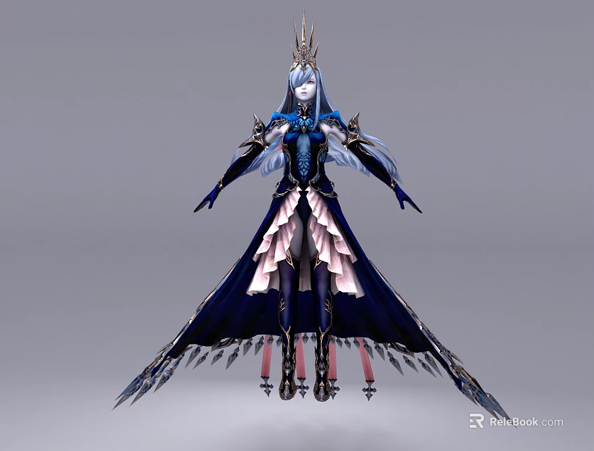 Woman With Blue Hair And Crown In Elaborate Dark Pink Ornate Outfit 3d model 