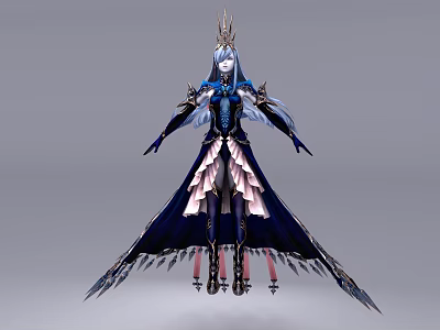 Woman With Blue Hair And Crown In Elaborate Dark Pink Ornate Outfit 3d model