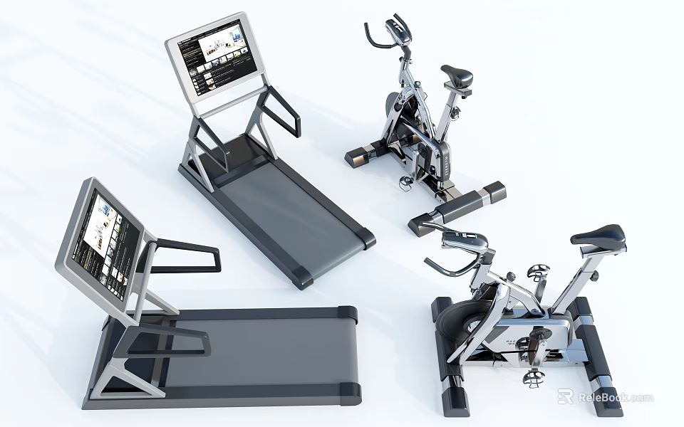 Modern Sports Equipment Including Treadmills and Exercise Bikes with Digital Screens 3d model 