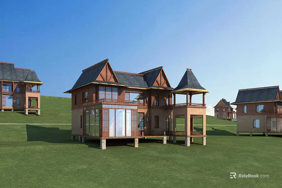 Spacious Wooden House With Multiple Gabled Roofs Balcony And Large Windows On Green Grassland 3d model 