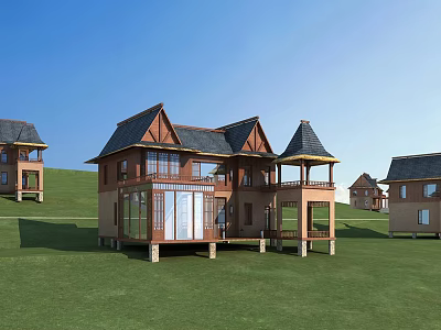 Spacious Wooden House With Multiple Gabled Roofs Balcony And Large Windows On Green Grassland 3d model