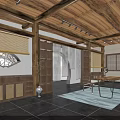 Traditional Modern Interior With Wooden Ceiling Beams Display Shelves Central Table And Black Tiled Floor