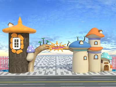 Colorful Mushroom Shaped Entrance Gate With Tree House Sunny Sign Checkerboard Ground And Blue Sky 3d model