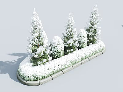 Snow Covered Shrubs in Stone Edged Flower Bed With Green Trees 3d model