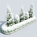 Snow Covered Shrubs in Stone Edged Flower Bed With Green Trees
