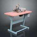 Professional Industrial Sewing Machine On Pink Tabletop With Blue Stand Workbench