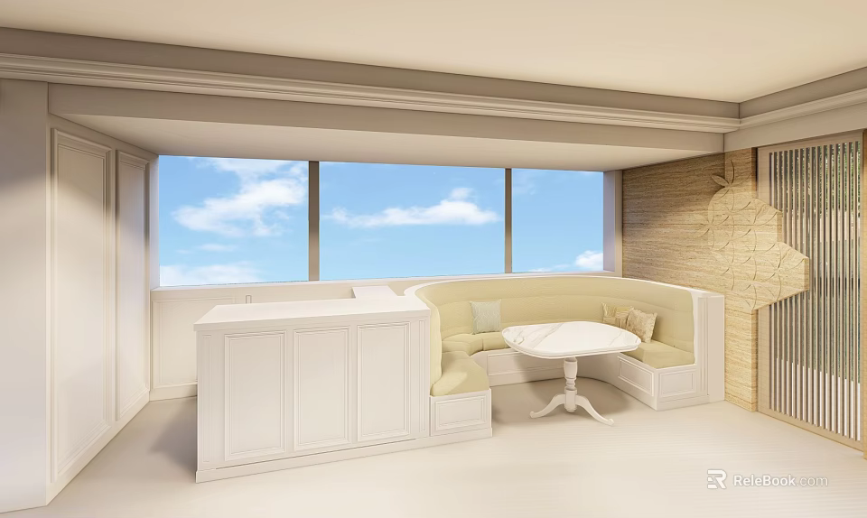 Public Banquette Seating In Bright Interior With Large Windows White Design And Small Table 3d model