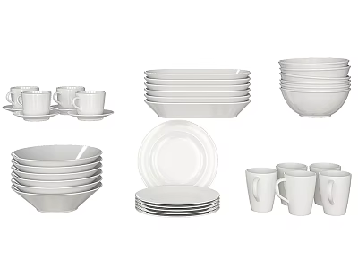 White Dinnerware Set Including Plates Bowls and Cups for Home Dining 3d model