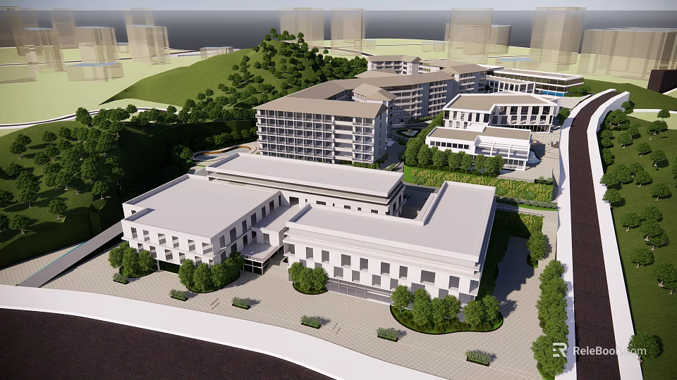 Modern Multi story Building Complex With Greenery Trees Lawn And White Exterior Layout 3d model 