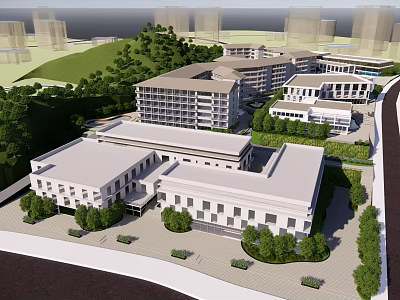 Modern Multi story Building Complex With Greenery Trees Lawn And White Exterior Layout 3d model
