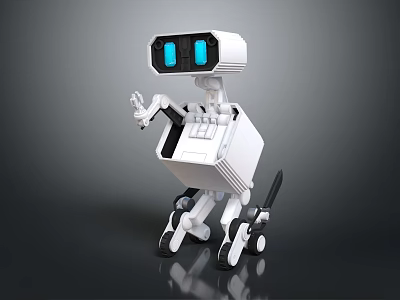 Futuristic White Robot Character With Blue Display Eyes And Mechanical Arm In Dark Background 3d model