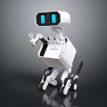 Futuristic White Robot Character With Blue Display Eyes And Mechanical Arm In Dark Background