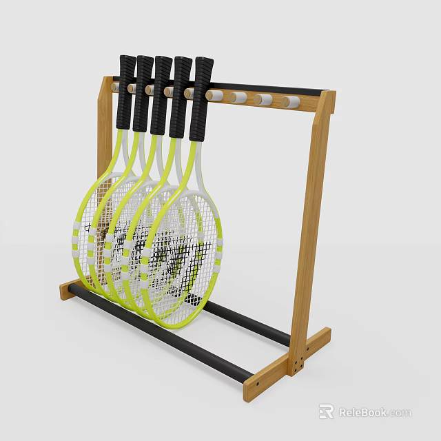 Durable Wooden Badminton Racket Storage Stand With Five Yellow White Rackets And Black Handles 3d model 