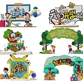 Vibrant Back to School Decorations with Cartoon Characters and Colorful Elements 3d model