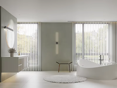 Modern Bathroom Interior Design With White Bathtub Floor To Ceiling Windows And Gray Walls 3d model