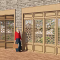 Interior Wooden Partition With Lattice Glass Panels And Brick Wall Background