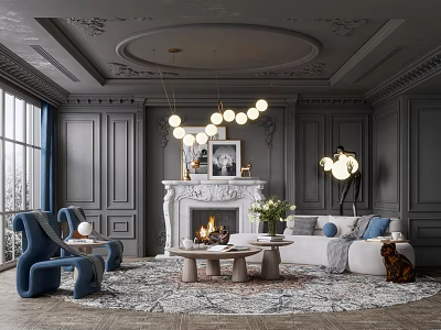 Elegant Living Room Interior With Gray Walls Circular Chandelier Fireplace Blue Armchairs And Beige Sofa 3d model