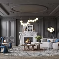 Elegant Living Room Interior With Gray Walls Circular Chandelier Fireplace Blue Armchairs And Beige Sofa