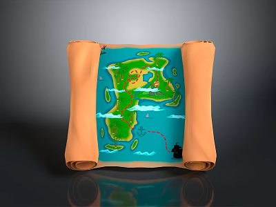 Vintage Scroll Map Design With Green Island Blue Ocean Clouds Yellow Marker And Anchor Icon 3d model