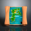 Vintage Scroll Map Design With Green Island Blue Ocean Clouds Yellow Marker And Anchor Icon