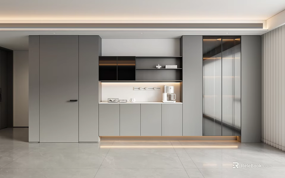 Modern Gray Dining Sideboard With Sleek Design Storage Cabinets And LED Lighting 3d model