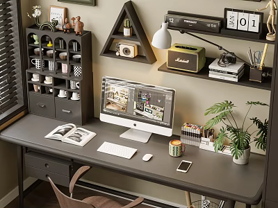 Cozy Study Room Interior With Computer Monitor Shelves Books Desk Lamp And Potted Plant 3d model
