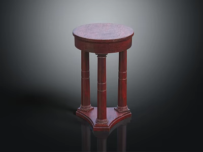 Vintage Round Red Wooden Dining Table With Column Legs And Ornate Base 3d model