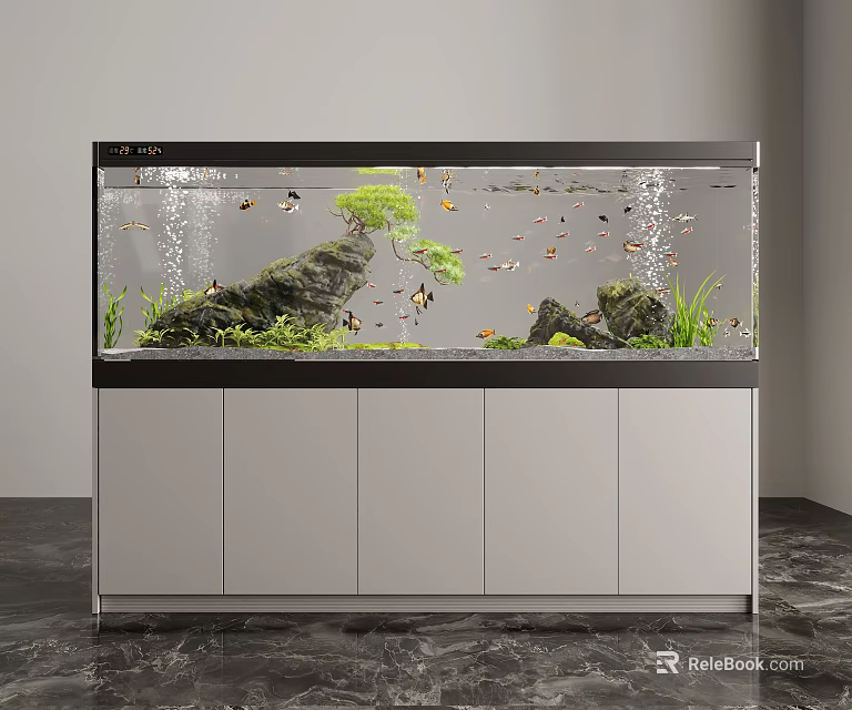 Aquatic Animals In Modern Aquarium With Rocks Aquatic Plants Decorative Plants And Cabinet Base 3d model 