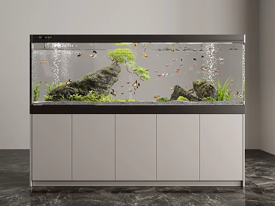 Aquatic Animals In Modern Aquarium With Rocks Aquatic Plants Decorative Plants And Cabinet Base 3d model