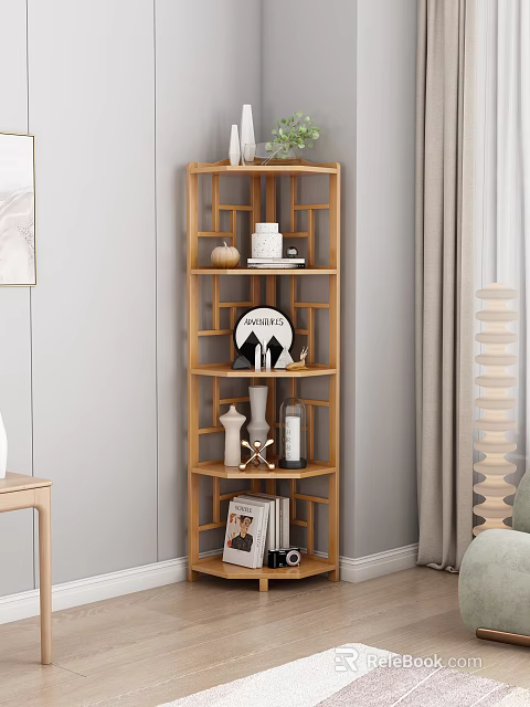 Wooden Multi tiered Decorative Shelf with Sculptures Bottle Photo Frame and Books in Modern Living Room 3d model 
