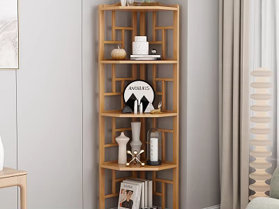 Wooden Multi tiered Decorative Shelf with Sculptures Bottle Photo Frame and Books in Modern Living Room 3d model