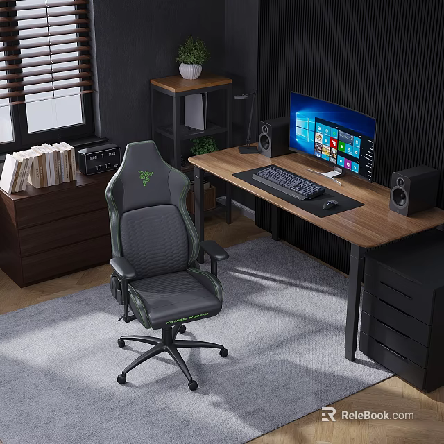 Modern Office Desk Setup With Ergonomic Chair Computer Monitor Keyboard Speakers Bookshelf And Potted Plant 3d model 