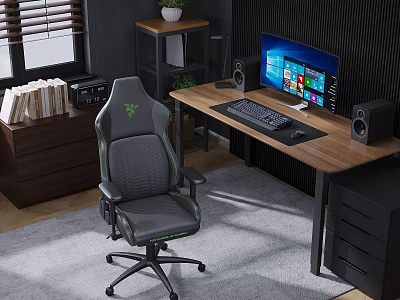 Modern Office Desk Setup With Ergonomic Chair Computer Monitor Keyboard Speakers Bookshelf And Potted Plant 3d model