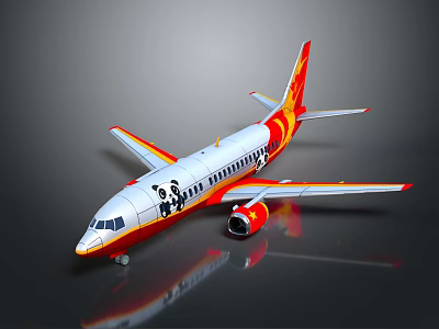 Stylish Passenger Plane With Red Yellow Flame Decorations And Panda Images On White Body 3d model