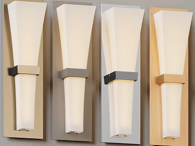 Stylish Four Wall Light Designs With Metal Wood Bases And White Lampshades 3d model