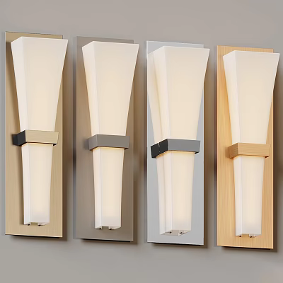 Stylish Four Wall Light Designs With Metal Wood Bases And White Lampshades 3d model