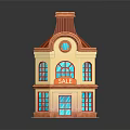 Cartoon Building Scene With Red Roof Yellow Walls Blue Windows And SALE Sign