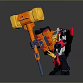 Red And Black Robot Character Holding Giant Orange Hammer With Wings