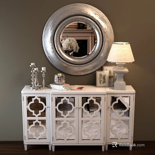 White Console Table With Carved Design Mirror Table Lamp Decorative Items On Gray Wall 3d model