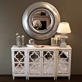 White Console Table With Carved Design Mirror Table Lamp Decorative Items On Gray Wall 3d model