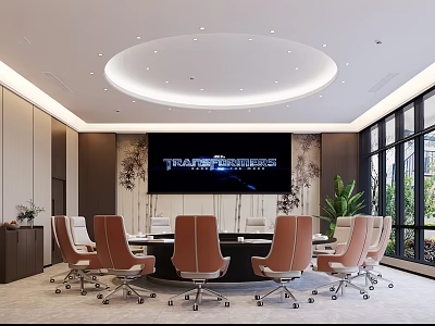 Modern Conference Room Interior With Round Table Brown White Chairs Large Screen And Green Plants 3d model